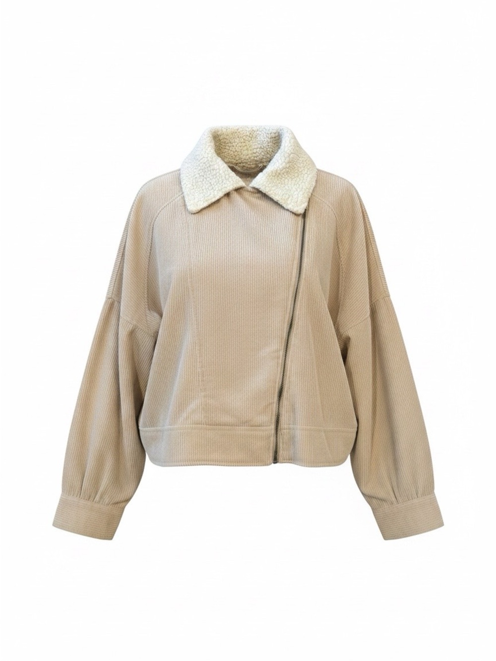 FAVLUX Cream Sherpa-Collar Corduroy Beige Bomber Jacket